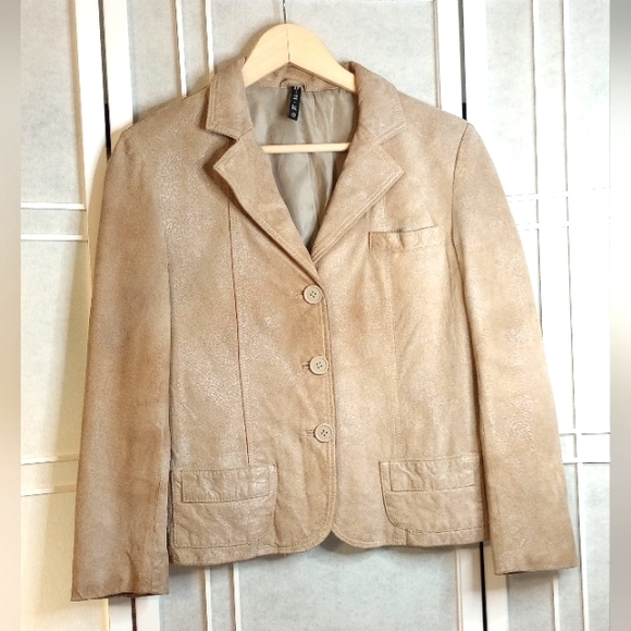 Vintage D2K 100% Suede Leather Tan Blazer Lined Jacket Shine Distress Factory M - Picture 2 of 12